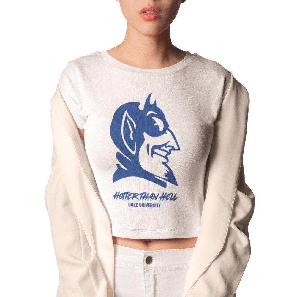 NEW Duke Blue Devils Hotter Than Hell Form Fit Crop Top Shirt WHITE